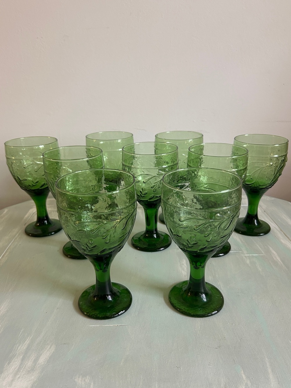 Vintage Green Textured Glass Goblets Set of 2
